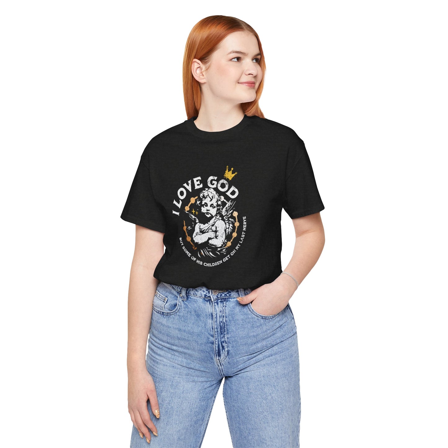 I Love God Funny Christian Shirt, Sassy Meme Bible Tee, Grumpy Angel Design, Faith-Based Humor, Soft Unisex Fit, Heather Black, XS-4XL