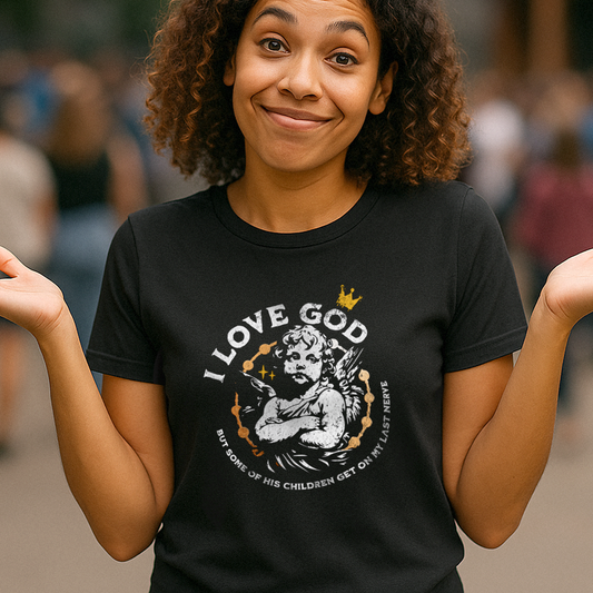 I Love God Funny Christian Shirt, Sassy Meme Bible Tee, Grumpy Angel Design, Faith-Based Humor, Soft Unisex Fit, Heather Black, XS-4XL