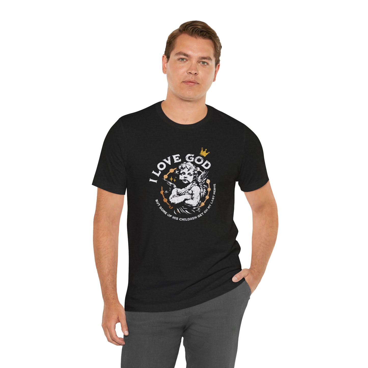 I Love God Funny Christian Shirt, Sassy Meme Bible Tee, Grumpy Angel Design, Faith-Based Humor, Soft Unisex Fit, Heather Black, XS-4XL