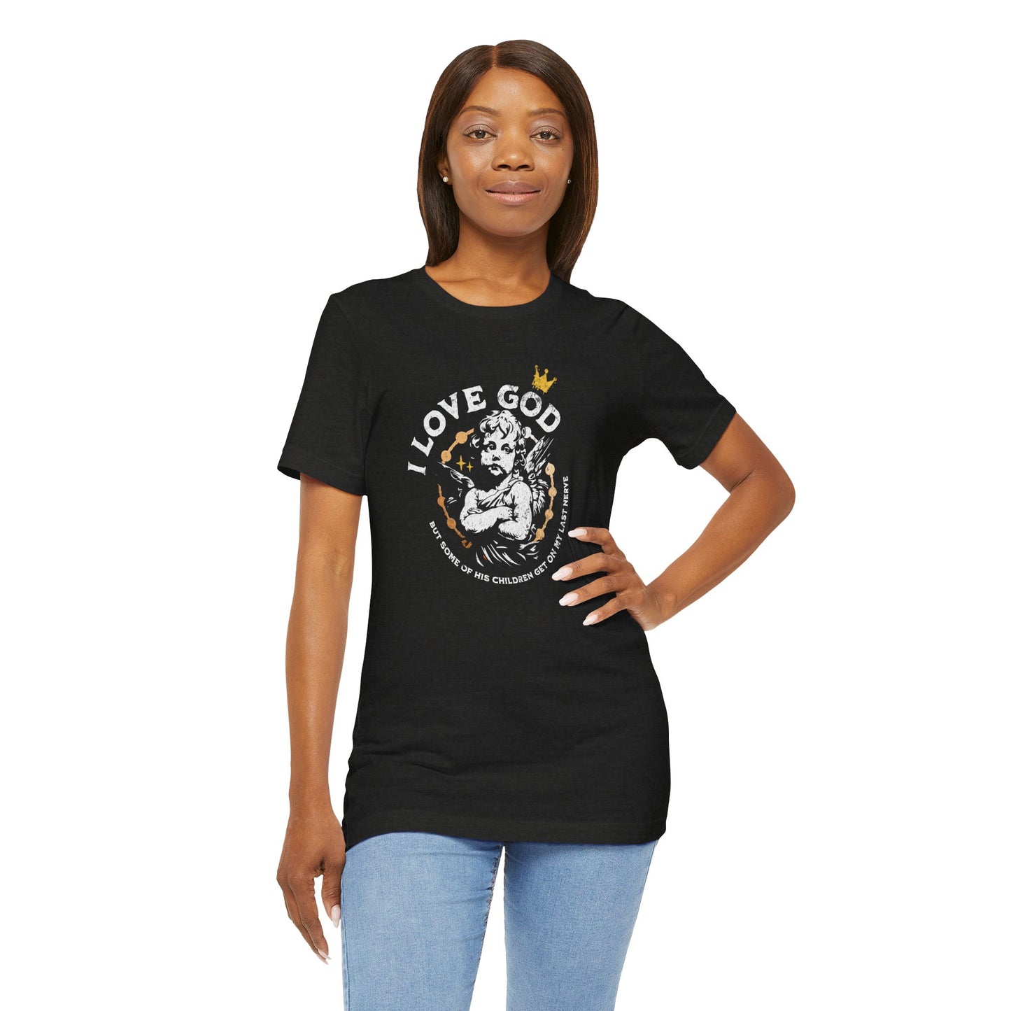 I Love God Funny Christian Shirt, Sassy Meme Bible Tee, Grumpy Angel Design, Faith-Based Humor, Soft Unisex Fit, Heather Black, XS-4XL