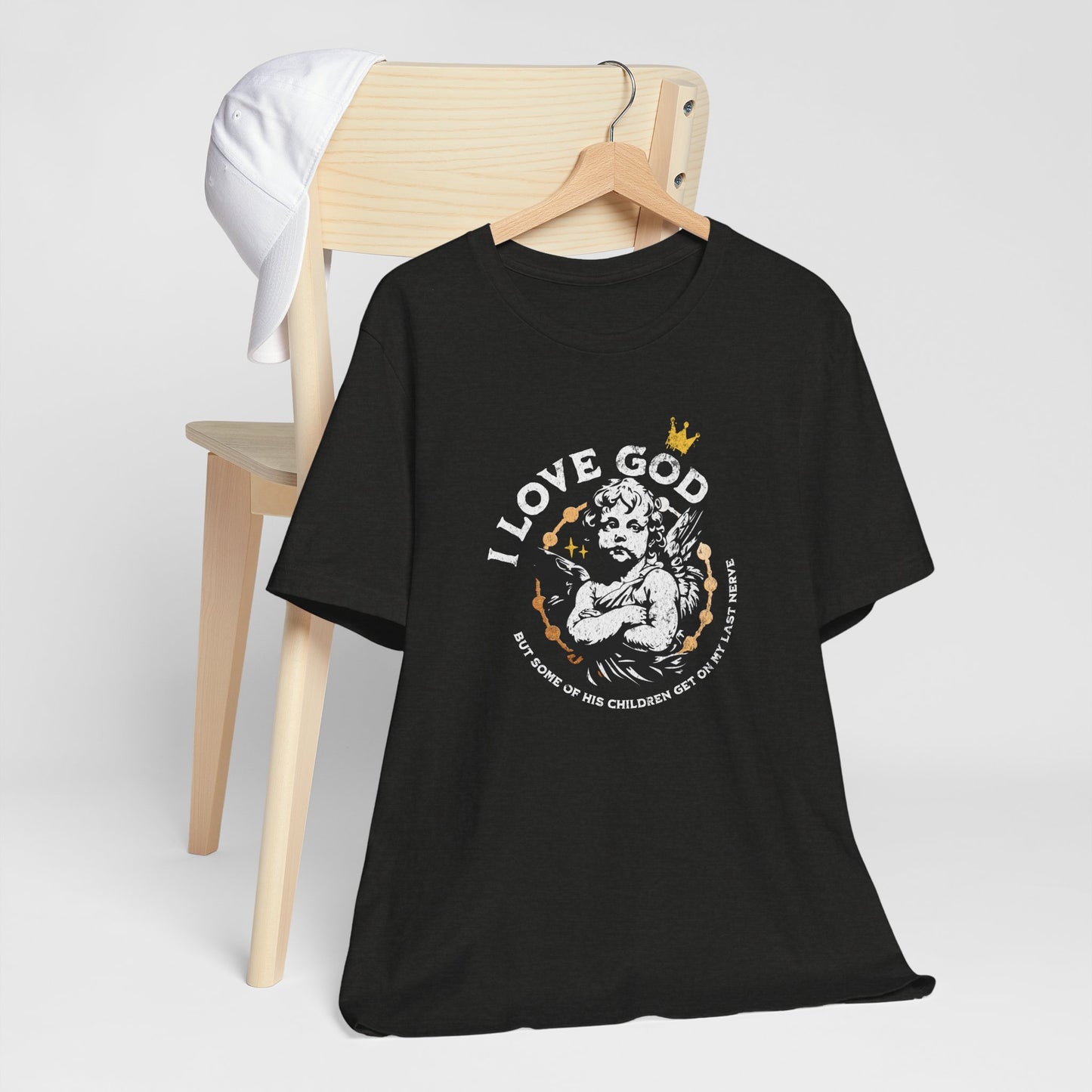 I Love God Funny Christian Shirt, Sassy Meme Bible Tee, Grumpy Angel Design, Faith-Based Humor, Soft Unisex Fit, Heather Black, XS-4XL