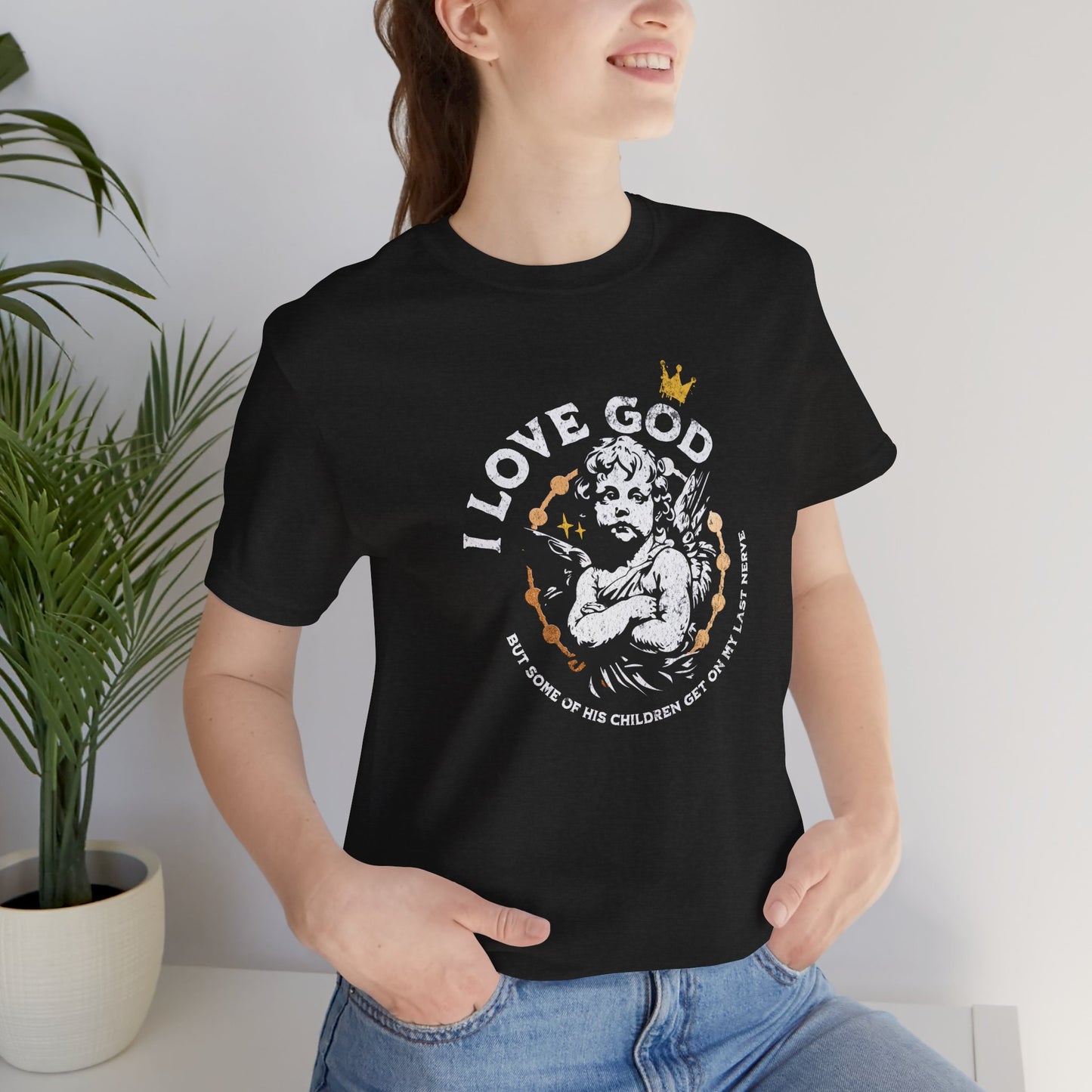 I Love God Funny Christian Shirt, Sassy Meme Bible Tee, Grumpy Angel Design, Faith-Based Humor, Soft Unisex Fit, Heather Black, XS-4XL